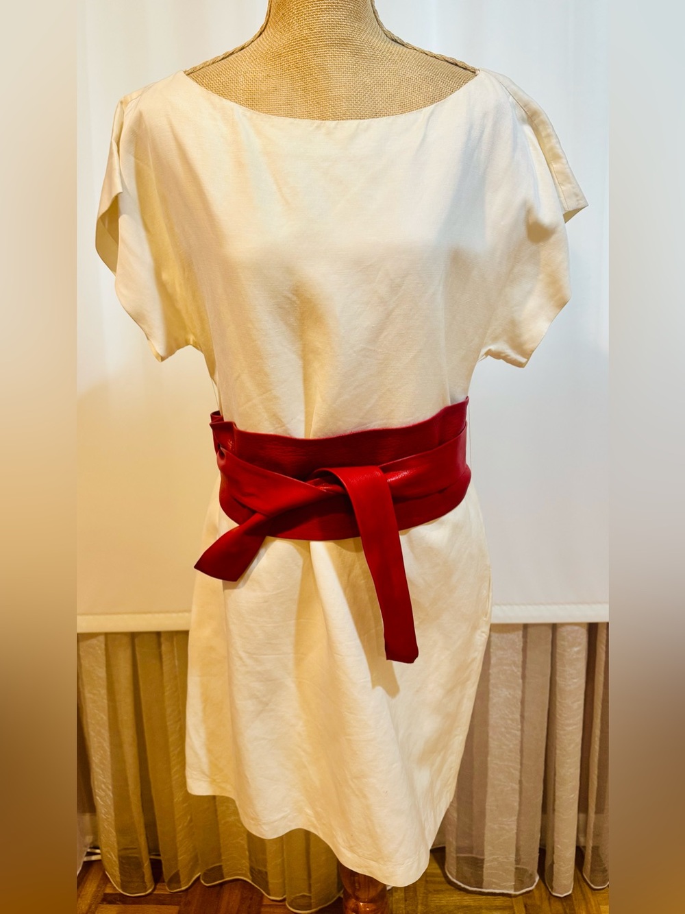 White Mini Dress with Red Wide Obi Belt - Women's Fashion , size S
